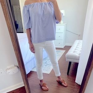Seersucker off the shoulder top by Style Envy